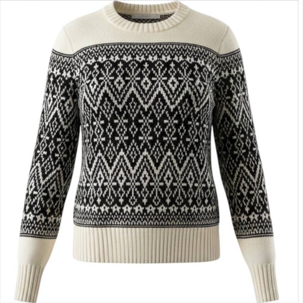 Loft Womens Black White Fair Isle Crew Neck Cotton Blend Sweater Sz M Preppy